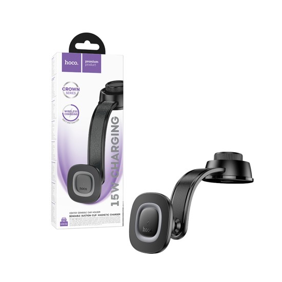 Suporte de Telefone para Carro Console Central Hoco HW31 Crown com Carregamento sem fio 15W Cinza Metalizado Preto